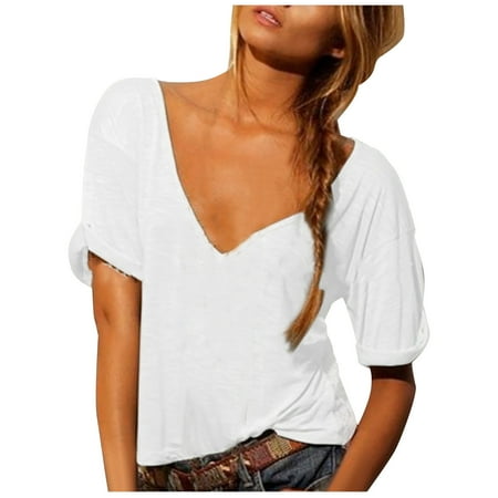 

White Blouse for Women Maternity Blouses Women Summer Fashion Loose V-Neck Solid Casual Short-Sleeve Tops T Shirts for Women White M