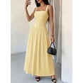 thumbnail image 3 of Petite Womens Yellow Solid Square Neck Ruched Flared Maxi Dress For Spring Summer, 3 of 7