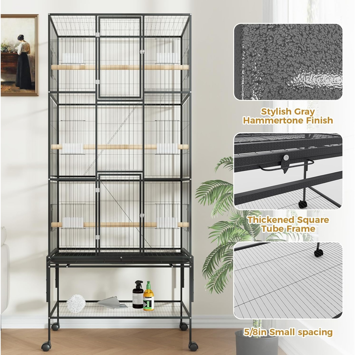 69 Inch Extra Large Wrought Iron Bird Cage for Parrots - Flight Cage with Storage Shelf & Stand, for Cockatiels, Conures, Parakeets, Lovebirds, and Finches