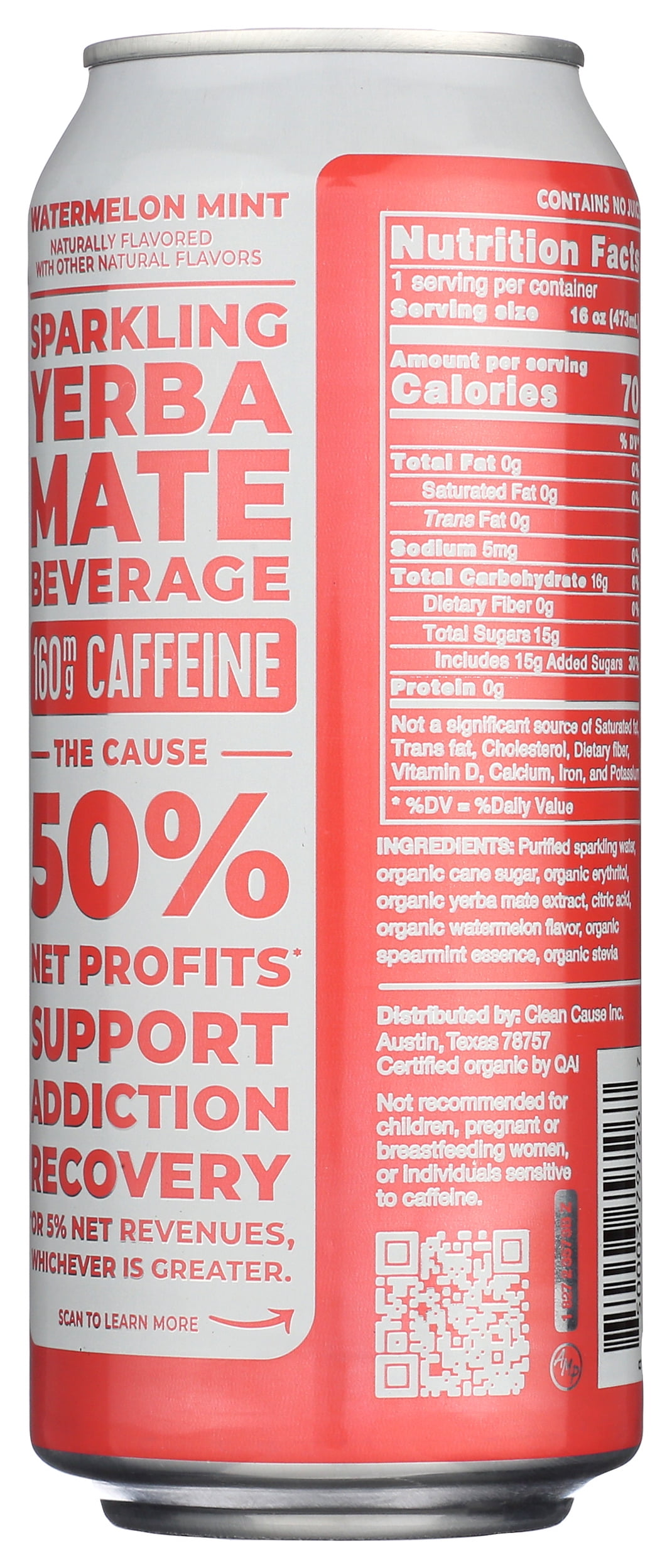 Pack of 12, Clean Cause Watermelon Mint Organic Sparkling Yerba Mate, 16 fl oz