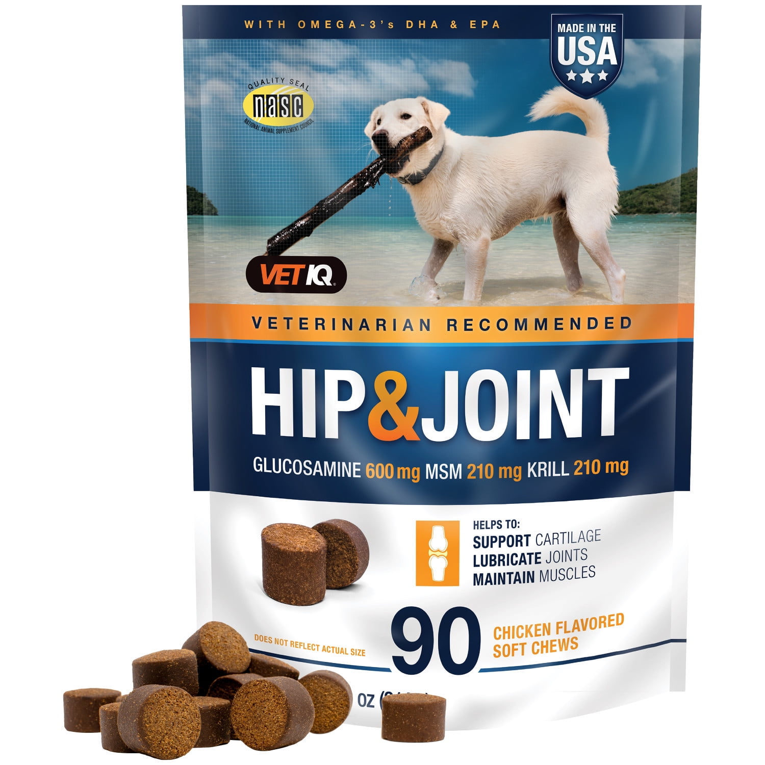 VetIQ Hip & Joint Supplement for Dogs, Chicken Flavored Soft Chews, 90
