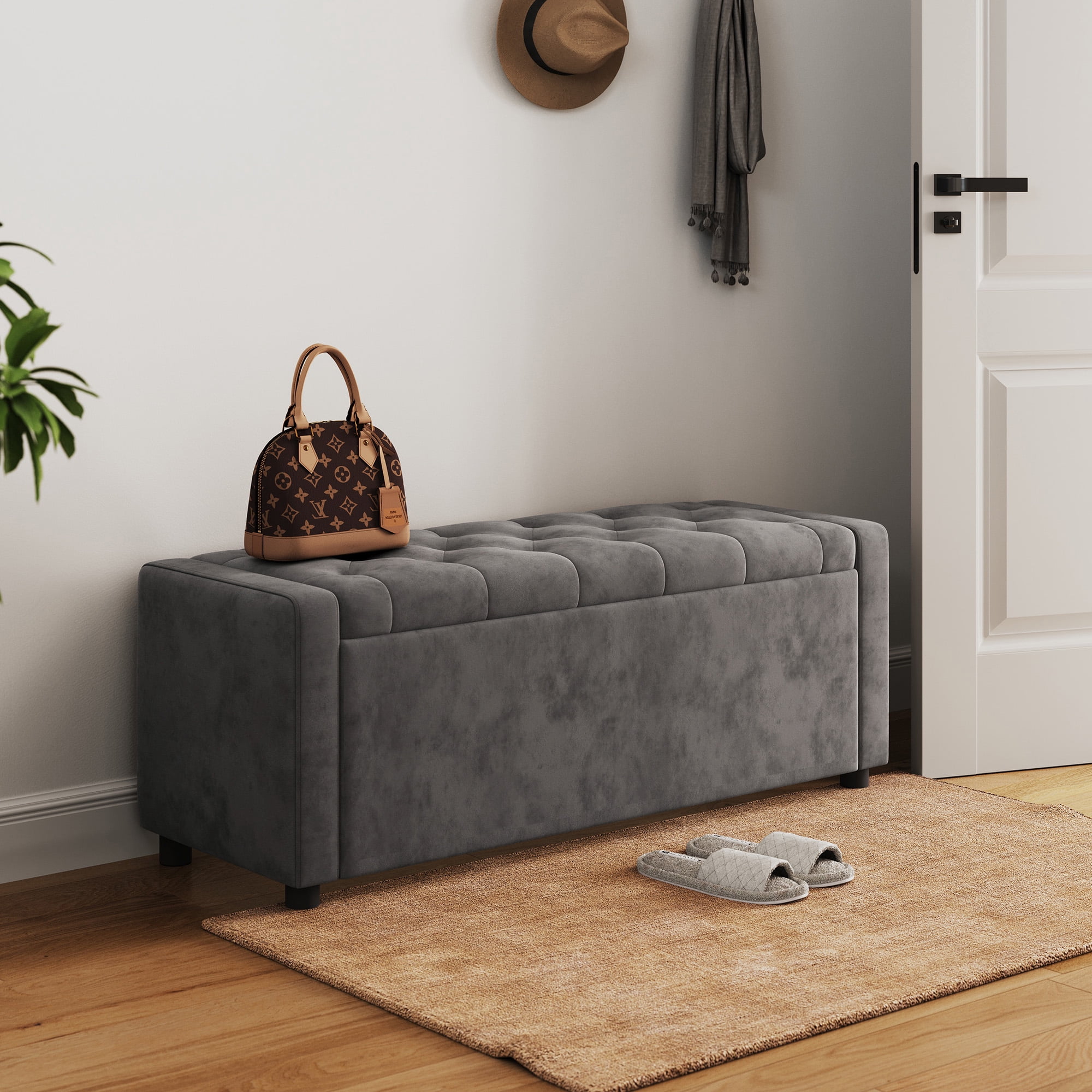 Linsy Home 50" Ottoman with Storage for Living Room, Velvet Storage Ottoman Bench with Gas Lift, Grey