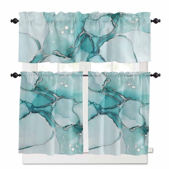 Turquoise Marble Kitchen Curtains and Valances Set, 3 Piece Kitchen Curtains Set 24 Inch Length, Nature Marble Crack Country Retro Rod Pocket Curtains Tier Farmhouse Window Curtains