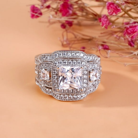 Eclet Jewels 14K White Gold Over Bridal Jewellery Ring - 1.8 Ct Princess Diamond Engagement Rings - Trio Set Ring Wedding Engagement Rings for Women's - Fine Bridal Diamond Jewellery for Girls