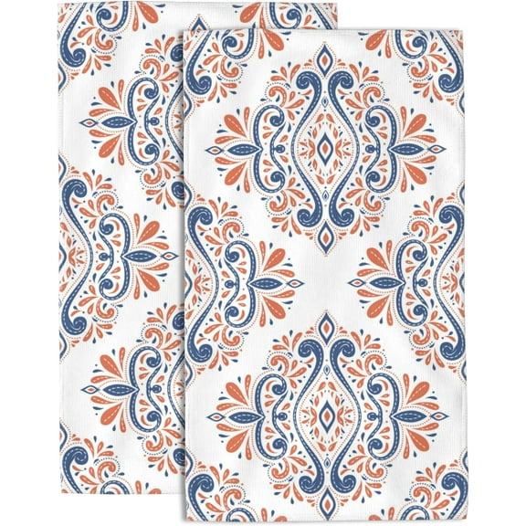 Blue and Orange Floral Hand Towels for Bathroom Set of 2 Vintage Paisley Hand Towels Soft Absorbent Decorative Hand Towels for Bathroom Kitchen Sports Gym Yoga Home Decor 14 x 28 in