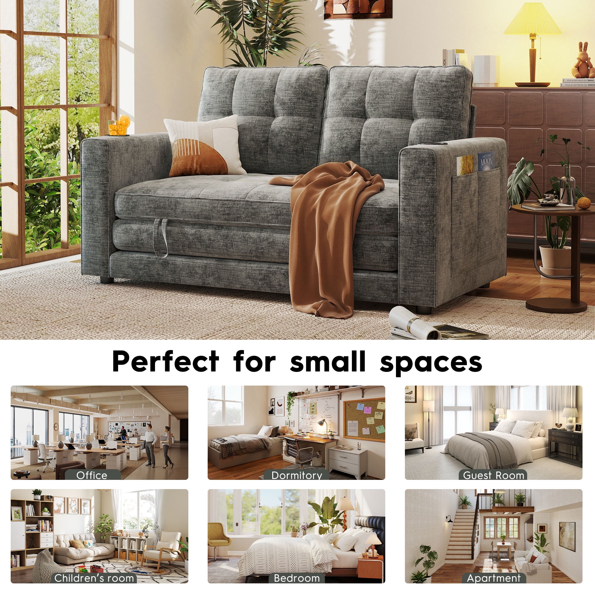 BedLuxury 55" Foldable Loveseat Futon Sofa Bed with Cup Holder & Storage Pocket, Sleeper Couch, Space Saving, Chenille Gray