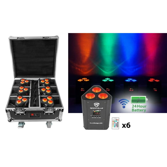 Rockville ROCKWEDGE PACKAGE BLACK (6) Battery Powered Wireless DMX Lights Case