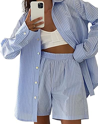 Women Loose 2 Pieces Set Outfit Button Down Long Sleeve Shirt and Drawstring Shorts Loungewear Tracksuit 