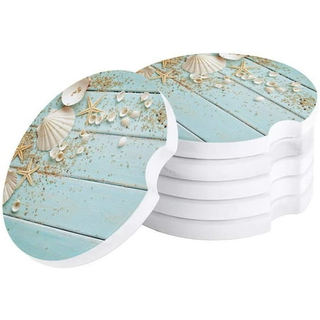

FMSHPON Sea Shells Starfish on Teal Wooden Board Beach Set of 2 Car Coaster for Drinks Absorbent Ceramic Stone Coasters Cup Mat with Cork Base for Home Kitchen Room Coffee Table Bar Decor