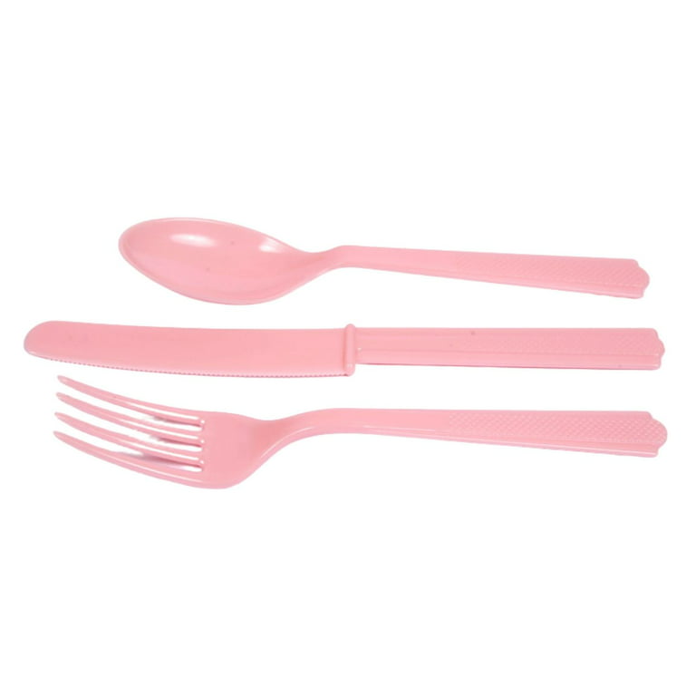240ct Silver with Pink Handle Moderno Disposable Plastic Cutlery Set Spoons, Forks and Knives (240 Guests)