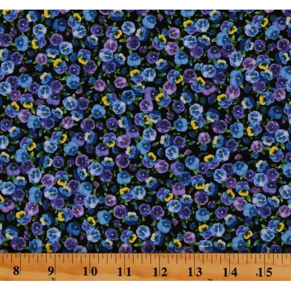 Cotton Pansies Pansy Flowers Floral Blooms Spring on Black Cotton Fabric Print by the Yard (PANSY-C7721-BLACK)