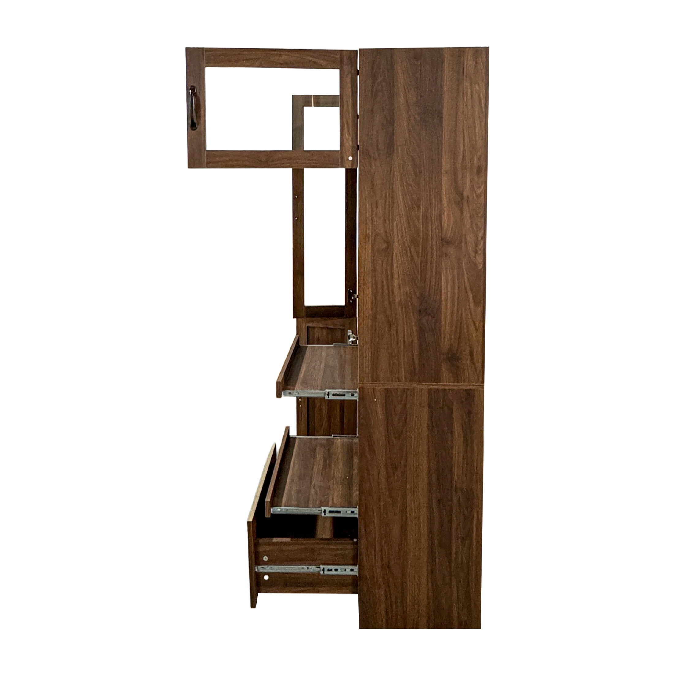Noble House Oprah Farmhouse Kitchen Hutch Cabinet with Microwave Stand, Coffee Bar Buffet Sideboard with Hooks, Walnut
