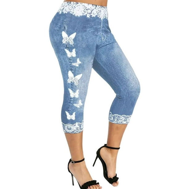 Bellella Ladies Fake Jeans Cropped Faux Denim Pant Elastic Waisted Leggings  Tight Floral Printed Jeggings Summer Bottoms Blue XL