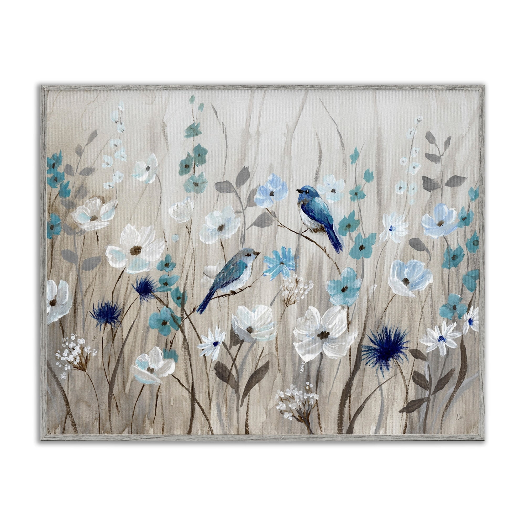 Stupell Industries Birds Floral Meadow Blue White Blossoms , 30 x 24, Design by Nan