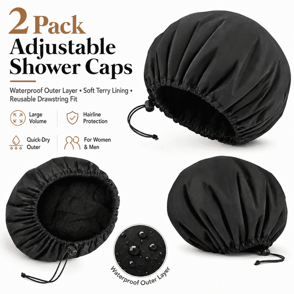 TAVENE Large Shower Caps Reusable EVA Double Layer Bath Cap for Braids, Long Hair, Dreadlocks, Locs, 2 Pcs 13.5" Dual Waterproof Adjustable Terry Lined Shower Cap for Women Men
