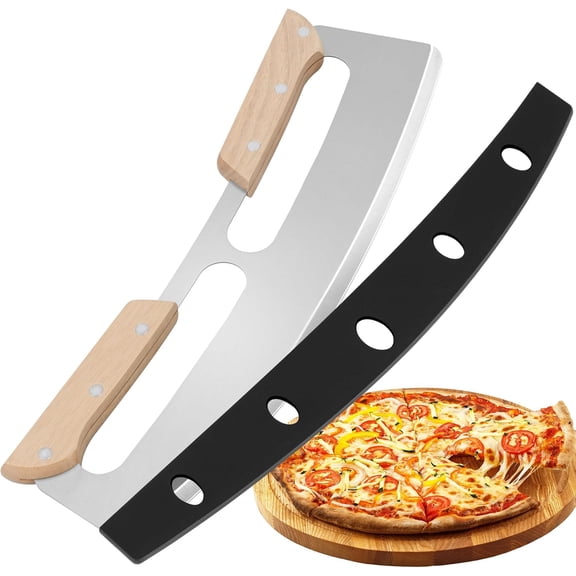 Pizza Cutter Rocker Blade - 14 Inch Premium Pizza Knife with Sharp Stainless Steel Blade, Wooden Handle and Protective Cover for Effortless One-Motion Slicing
