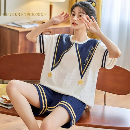 

QWZNDZGR Summer New Knitted Cotton Cartoon Girls Pajamas Set Women s Pajamas Leisure Home Clothes Set Short Sleeved Pyjamas Set Fashion