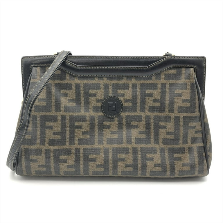 Pre Owned FENDI ZUCCA shoulder bag PVC coated canvas leather khaki Good Walmart
