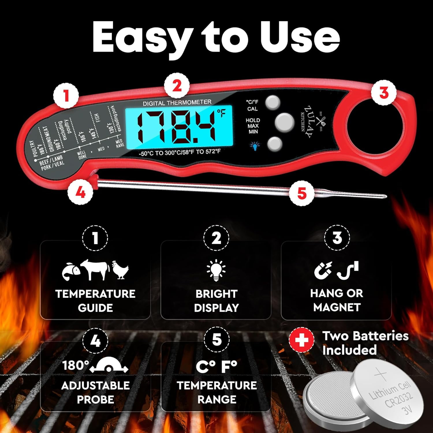 Zulay Kitchen Instant Read Food Thermometer Waterproof Digital Meat Thermometer w/ Backlight Red