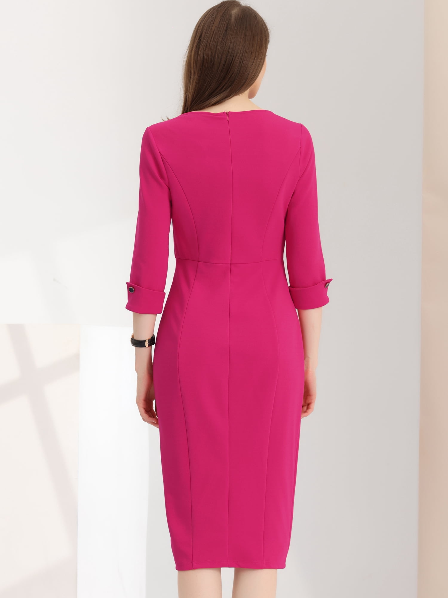 DARING DIVA Elegant Boat Neck 3/4 Sleeves Midi Split Sheath Dress M Fushcia