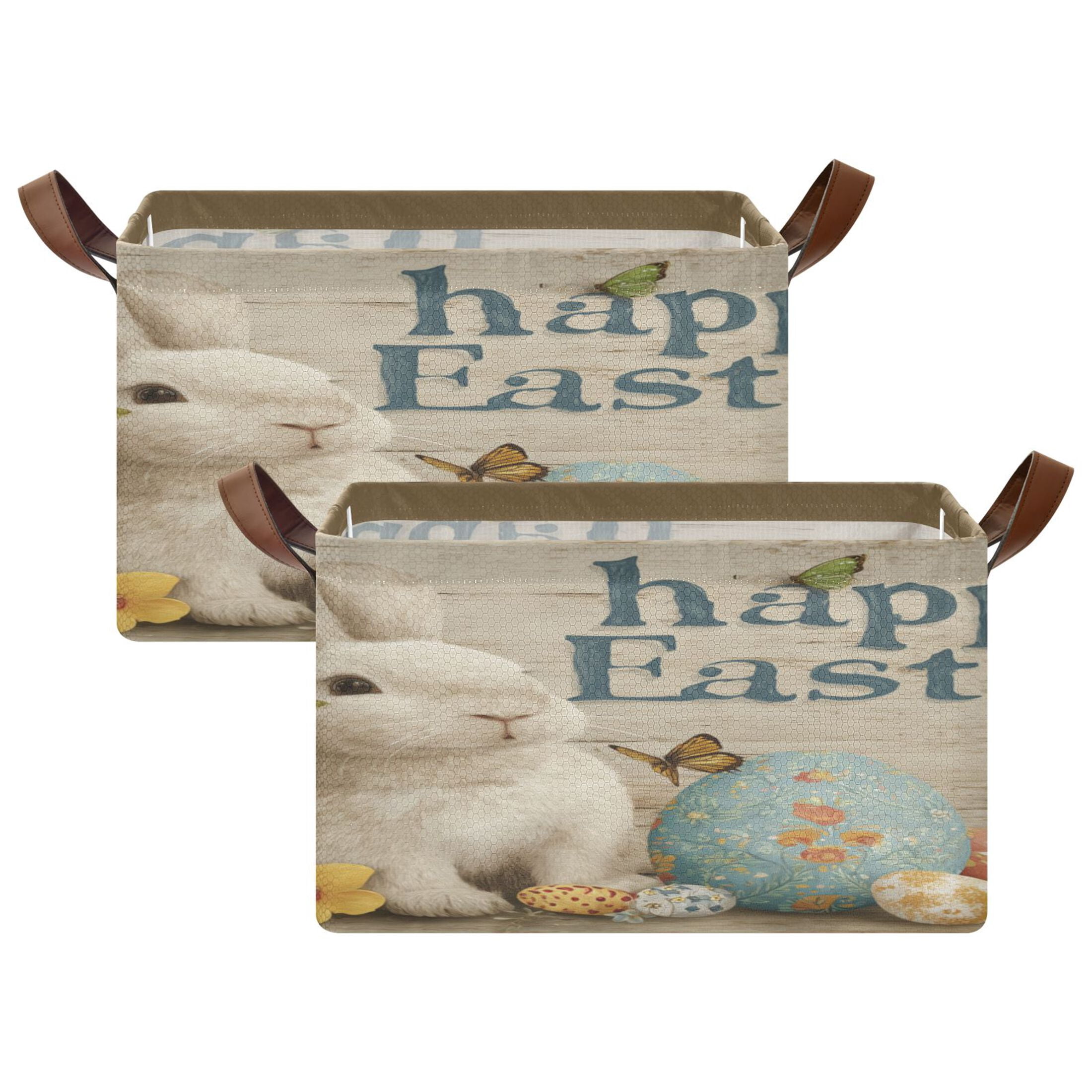WobogoHappy Easter Bunny Storage Basket 16.9×11.4×10in Collapsible Oversized with Metal Iron Frame