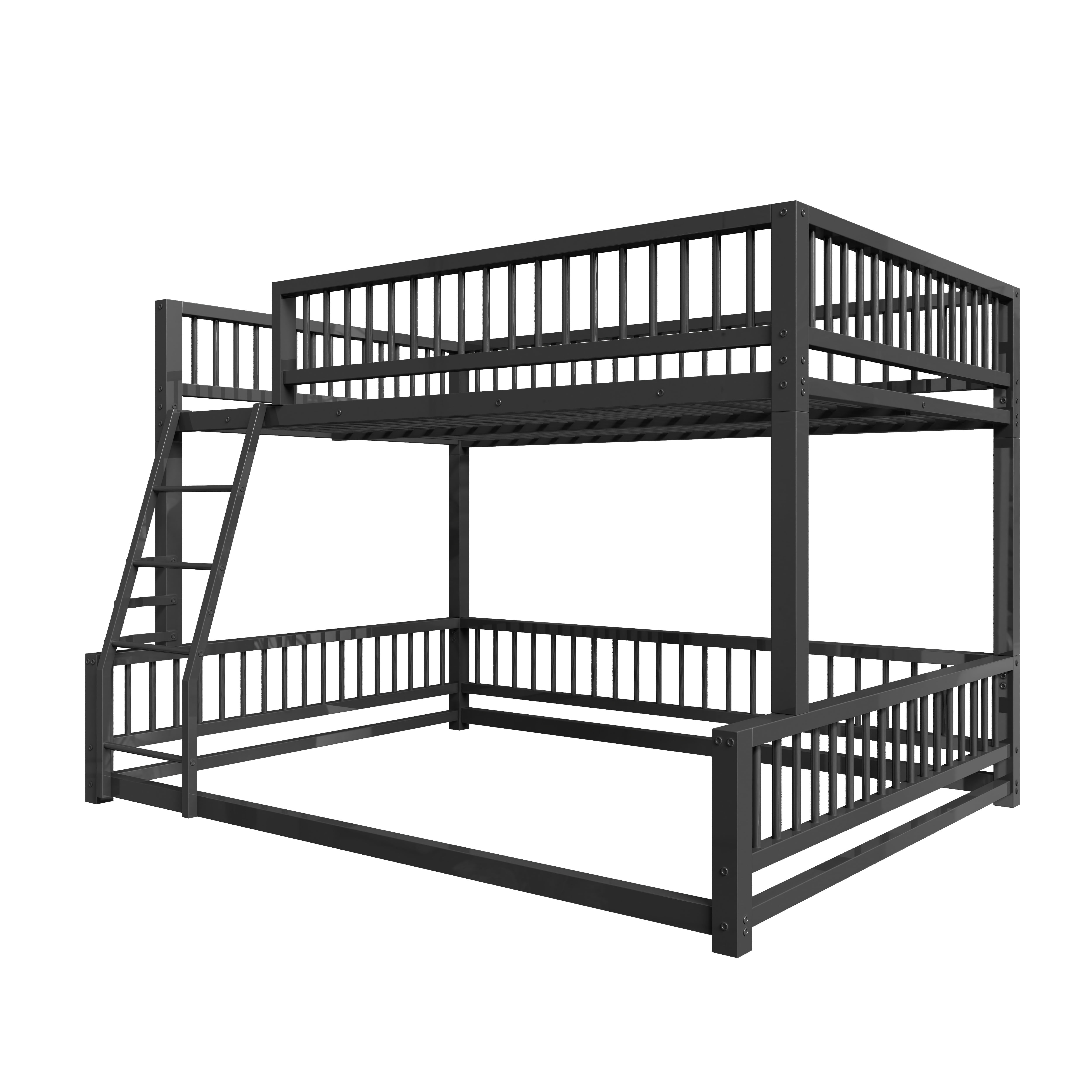 Euroco Metal Full XL over Queen Bunk Bed, Convertible Floor Bed with Ladder and Guardrails, Black