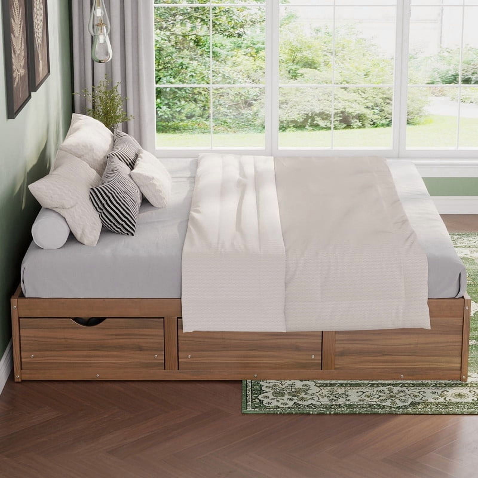 Queen/King Size No Box Spring Required Platform Bed with No Headboard, Wooden Storage Bed Frame with 6 Drawers