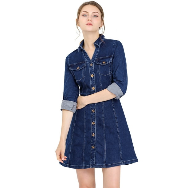 Vestido De Mezclilla Informal De Manga Larga Con Cuello Enrollado Y Botones De Mezclilla Para Mujer Azul profundo S