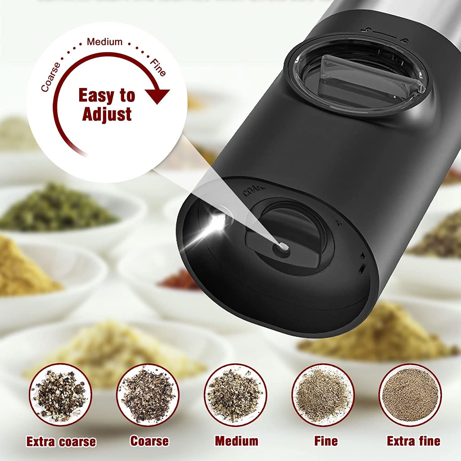 Electric Salt and Pepper Grinder Set, OGEDNAC Automatic Electronic Spice Mill Shakers with USB Rechargeable, LED Light, Adjustable Coarseness, One Hand Operated, Stainless Steel