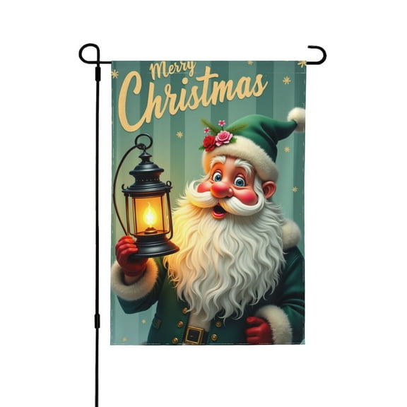 Merry Christmas Green Santa Claus Small Decorative Garden Flag, Xmas Lamp Snowflakes Striped Yard Lawn Outside Decor, Winter Holiday Burlap Outdoor Home Decoration Double Sided 12 X 18