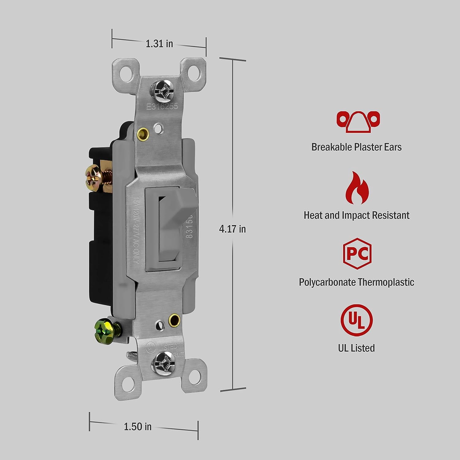 ENERLITES Toggle Light Switch, 3-Way or Single Pole, 15A 120-277V, Grounding Screw, Residential Grade, UL Listed, 83150-GY, Gray