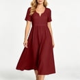 thumbnail image 5 of Summer Womens Dress Fashion Casual Solid Color V-Neck Short Sleeve Loose Knee-Length Midi Dress, 5 of 8