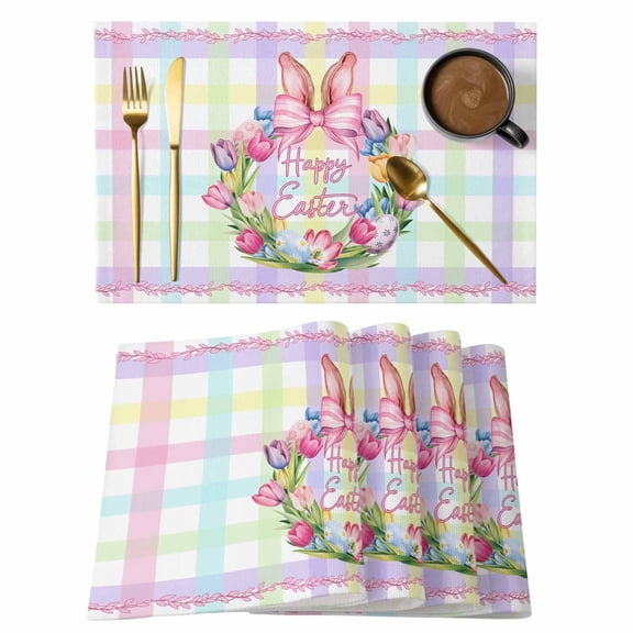 Happy Easter Placemats Set of 4, Rabbits Bows Tulips Eggs Colorful Stripes Placemats for Dining Table, Place Mats for Kitchen Tabletop, Waterproof Wipeable Dining Table Mats Set