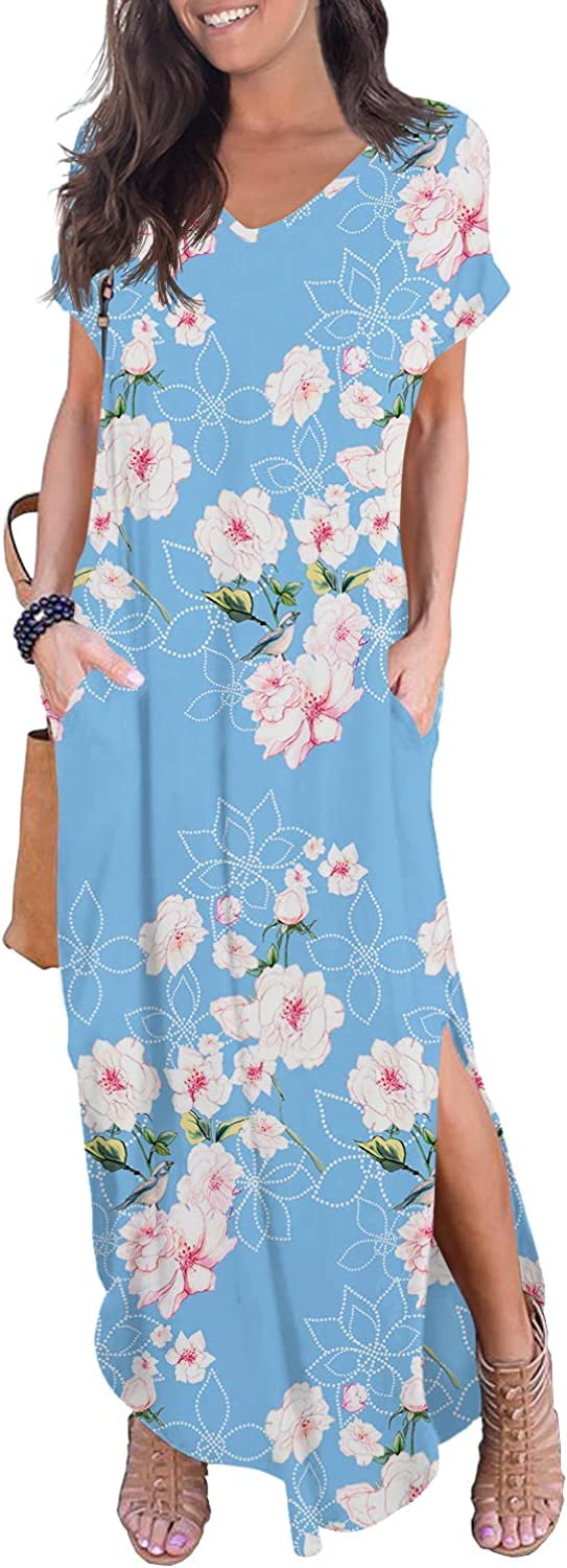 JuneFish Women's Casual Loose Pocket Long Dress Short Sleeve Split Maxi  Dresses - Walmart.com