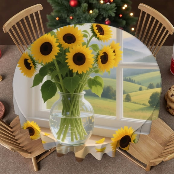 Bouquet of Sunflowers Tablecloth for dining table,  Holiday-Themed Design - Machine-Made tablecloth round, Cafe,  picnic,60x60 Inch