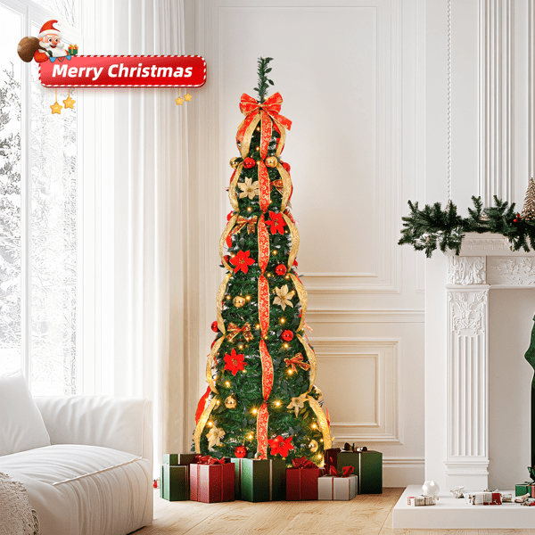 Alvantor 6 ft Fully Decorated Pre-Lit Pop-Up Christmas Tree with 150 Warm White LEDs, 8 Light Modes, Red and Gold Ornaments