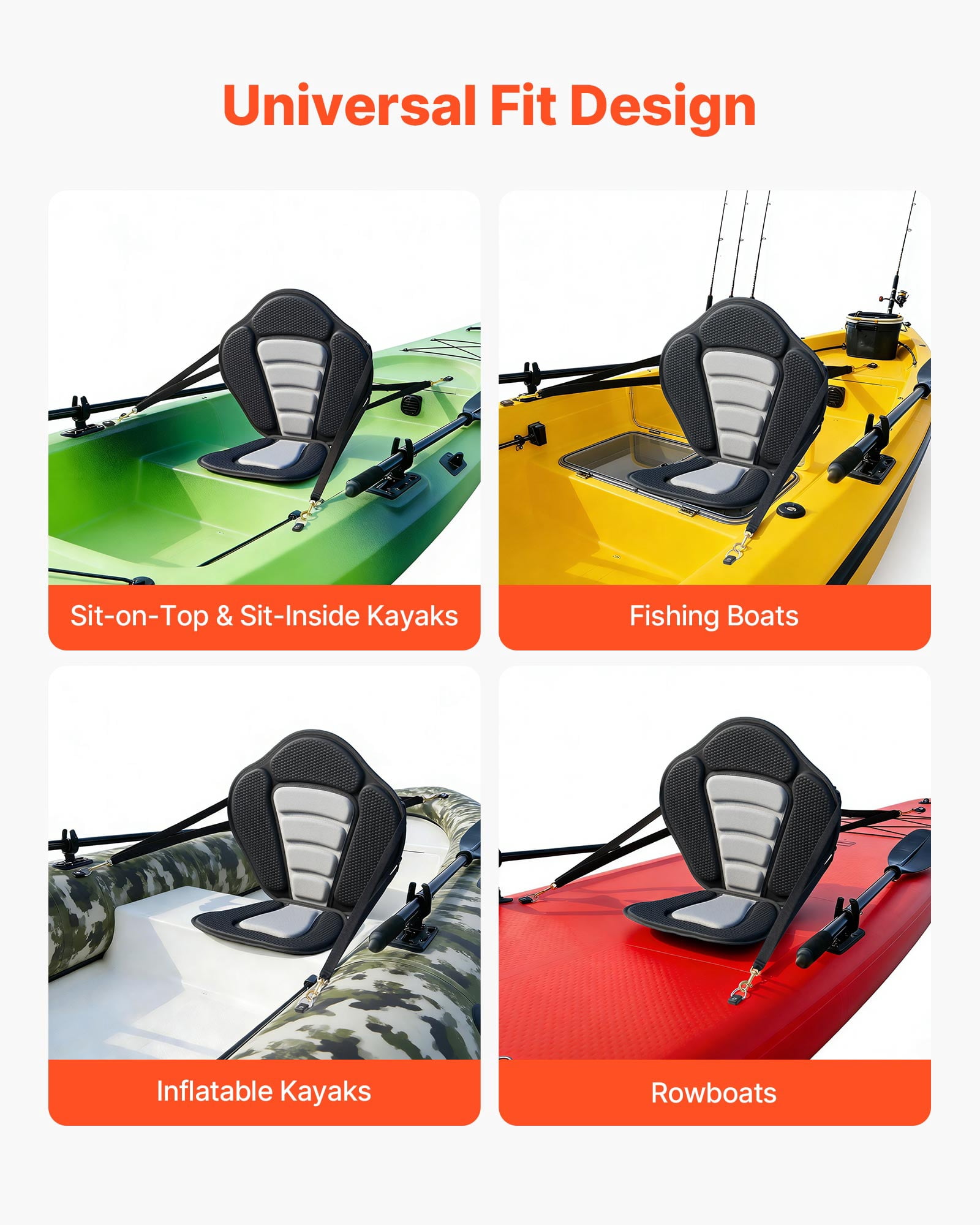 VEVOR Kayak Seat, 1 Pack 0.5" Thick, Universal Paddle Board Seat with Back Support, Sit-on-Top Soft Padded Cushion with Storage Bag & Adjustable Straps for SUP, Canoe, Fishing Boat, Inflatable Kayak