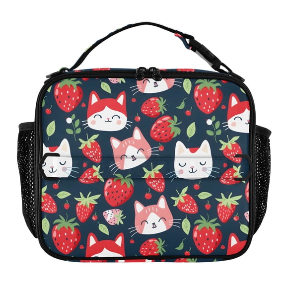 ALAZA Cute Cat and Strawberry Lunch Box Insulated Lunch Bag Cooler Tote with Shoulder Strap
