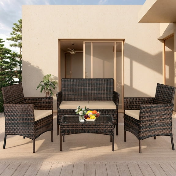 4 Pieces Outdoor Wicker Conversation Set, All-Weather Rattan Patio Furniture Sets with Arm Chairs, Tempered Glass Tabletop and Cushions, Sectional Sofa Set for Backyard, Garden, Poolside
