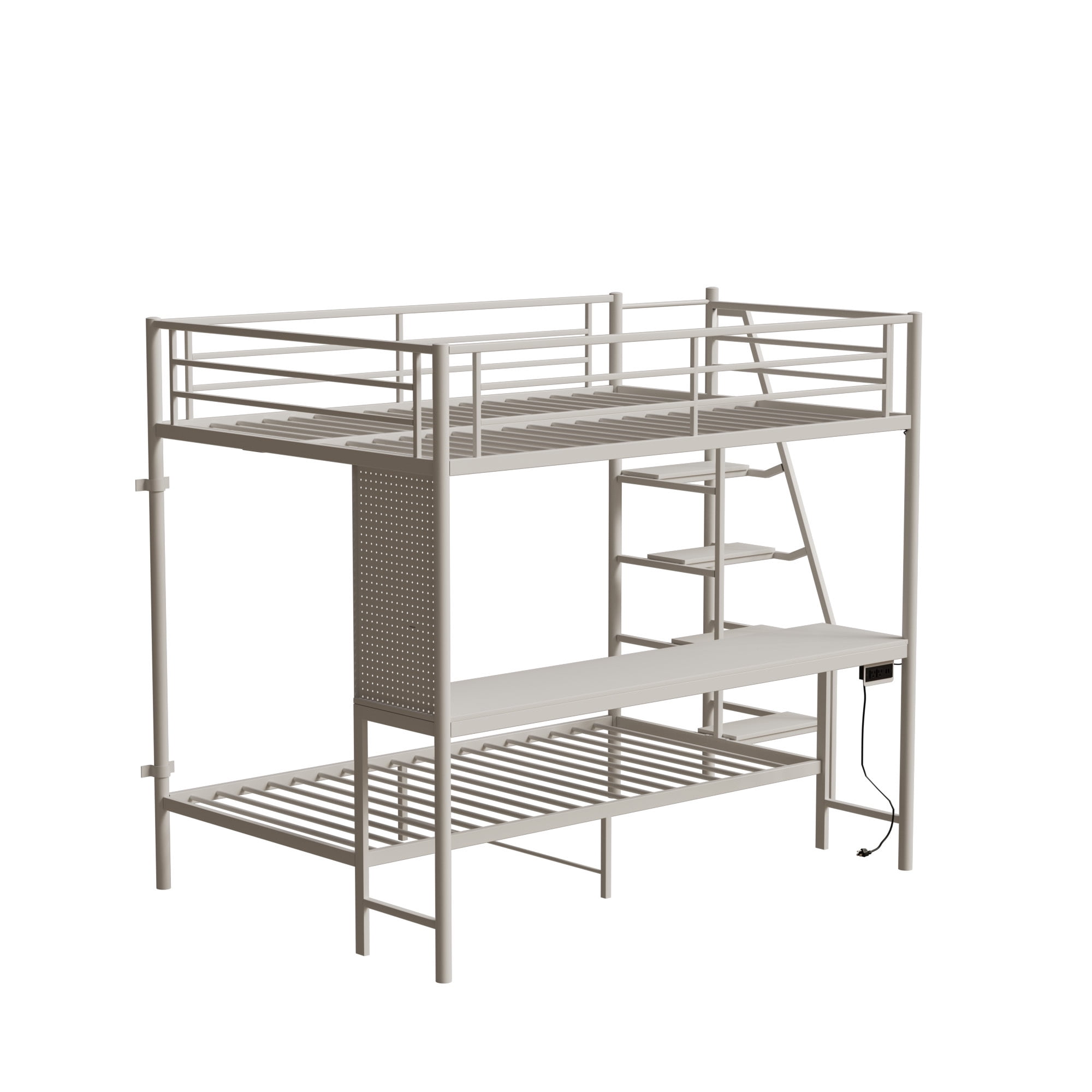 Leumius Full over Full Bunk Bed with Desk and Storage Stairs,Metal Bed Frame with Full Length Guardrails and Ladders, White