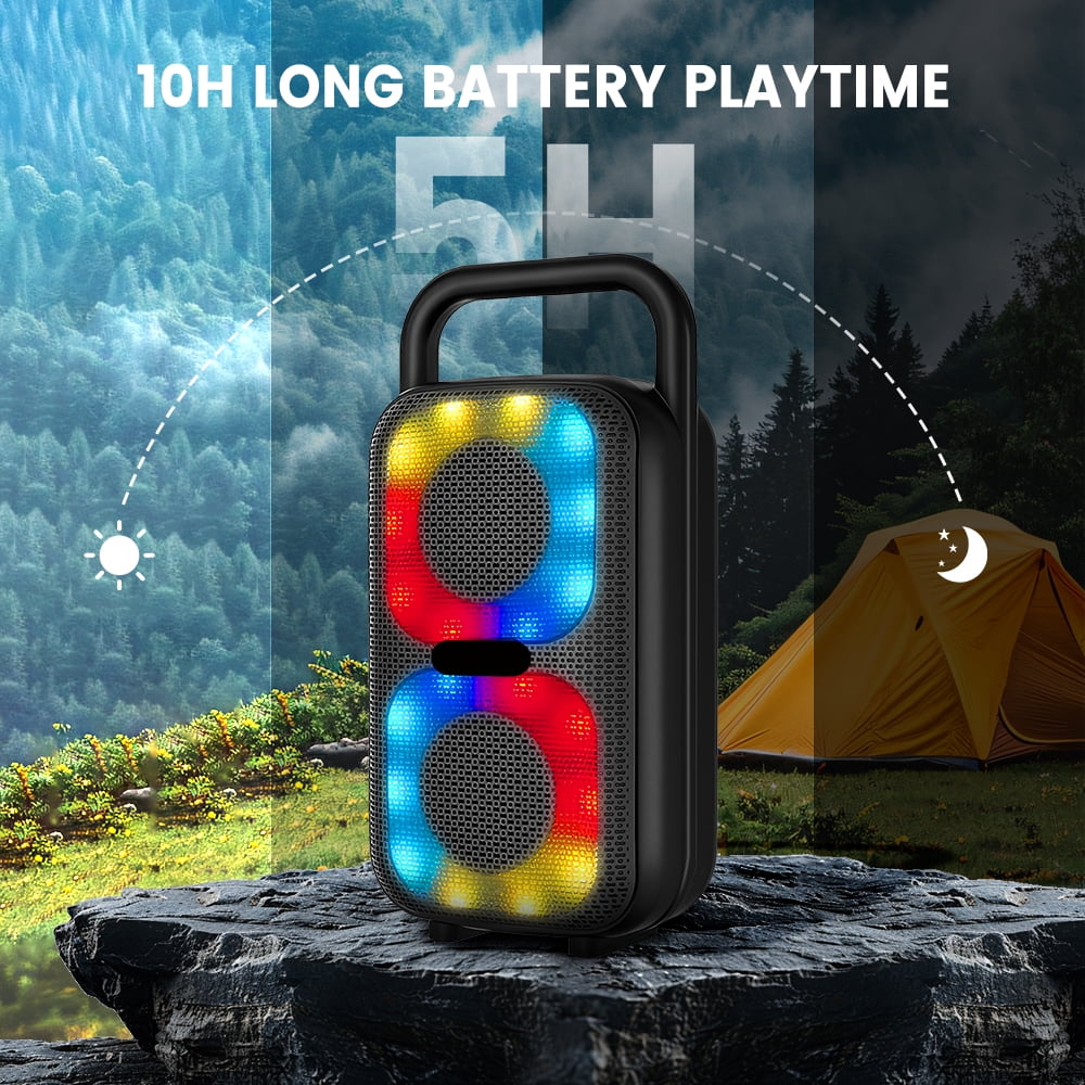 Rechargeable Bluetooth Speaker - RGB Lights, TWS Stereo Pairing, 10m Stable Connection, 1500mAh Type-C Charging, USB/TF/FM/Mic, Portable Handle for Outdoor/Party/Camping