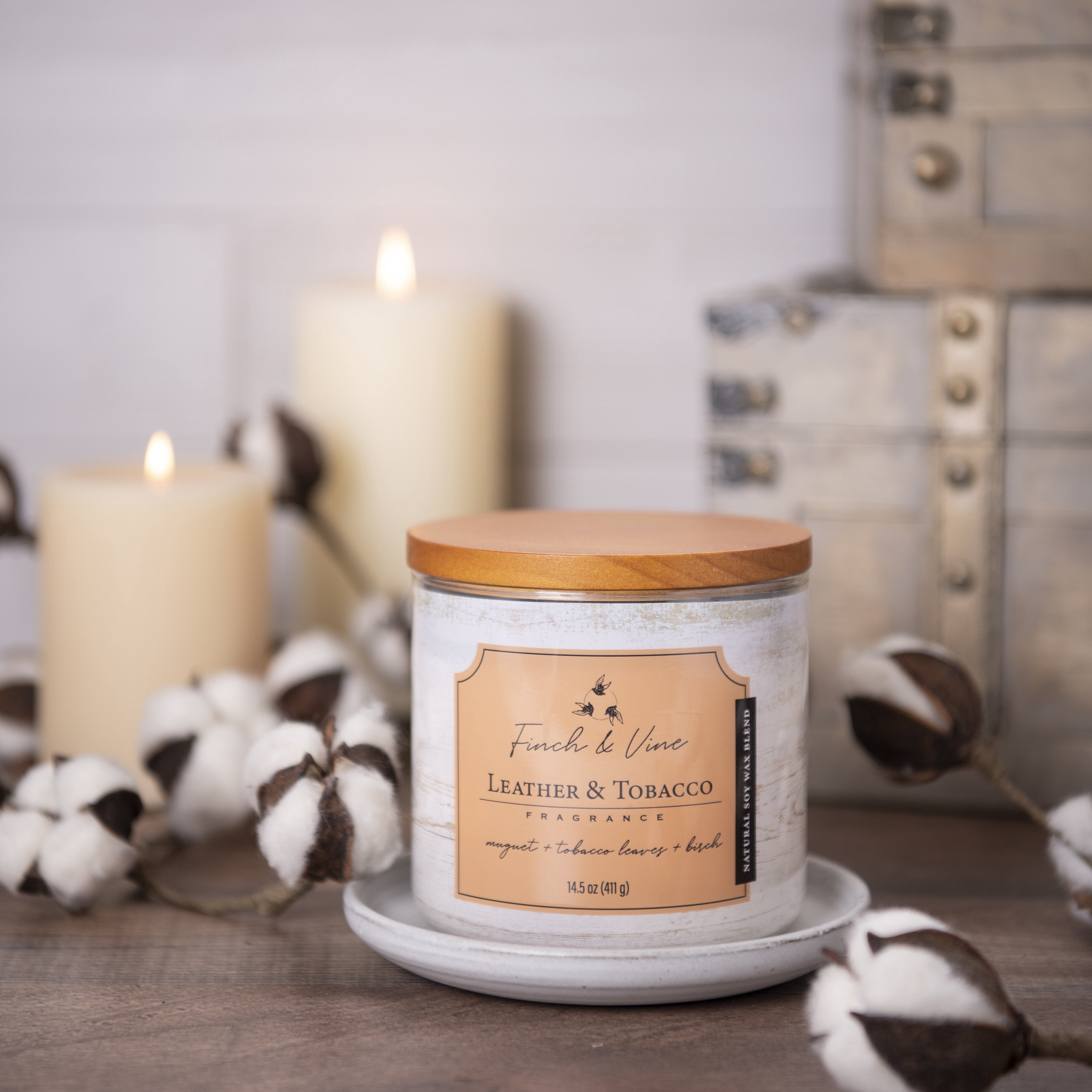 Carolina Candle Leather & Tobacco 14.5Oz, 3 Wick Candle, White