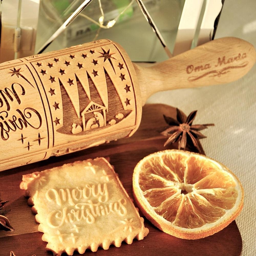 Avail Nativity Christmas Wood - 3D Embossed Rolling Pin, 9 Different Scene Designs for Baking Relief Biscuits, Size: 35