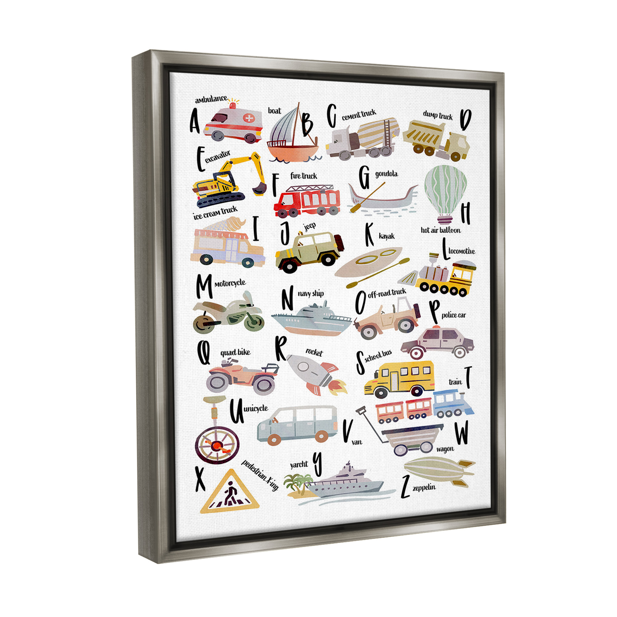 Stupell Industries Educational Automobile Alphabet Transportation Painting Gray Floater Framed Canvas Art Print Wall Art, 17 x 21