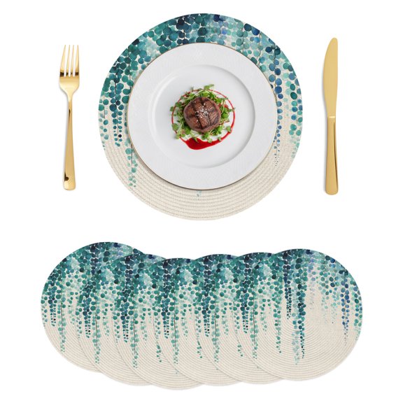 Round Placemats Summer Watercolors Botanical 15 inch Set of 6 Table Mats for Dining Table Spring Teal Plants Linen Heat Resistant Non-Slip Kitchen & Home Decorative Place Mat Set