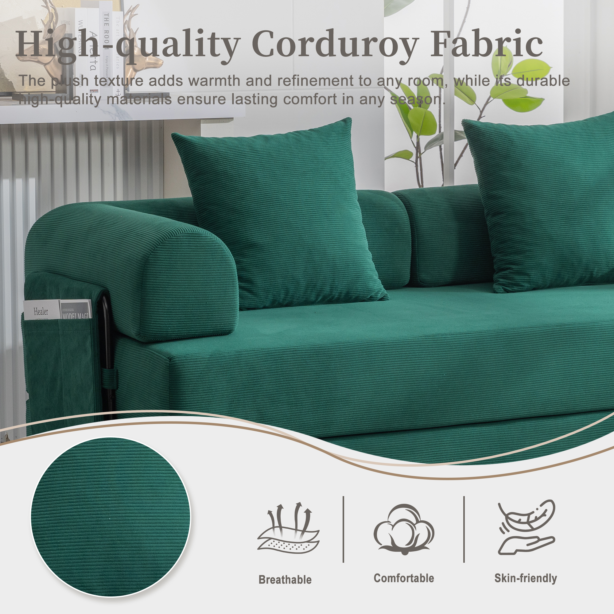 MOONMISS Corduroy Upholstered Modern Comfort Foldable Compressible Sofa Bed with Sturdy Metal Frame-Emerald