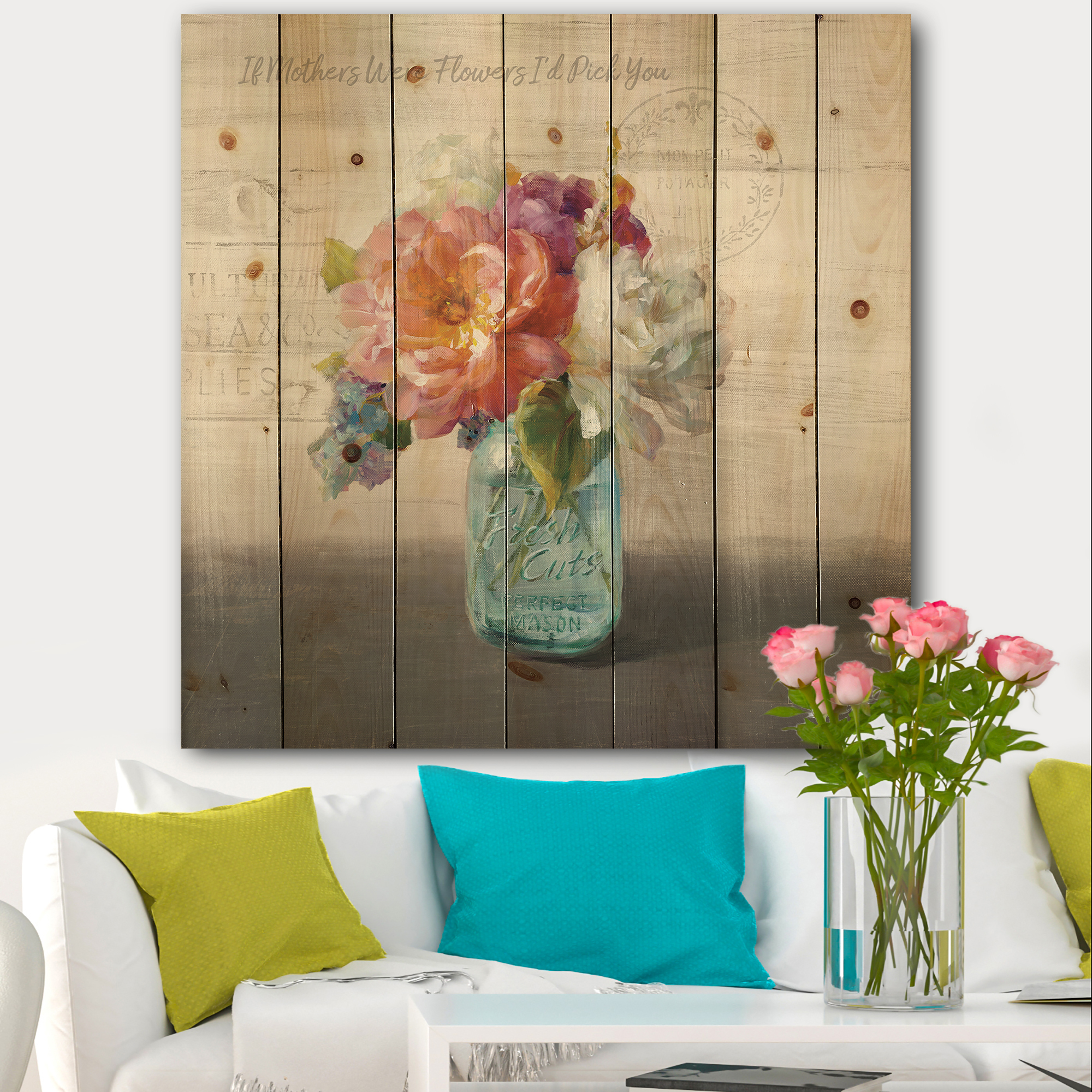 Designart 'French Cottage Bouquet In Glass Jar Mothers' Cottage Print on Natural Pine Wood
