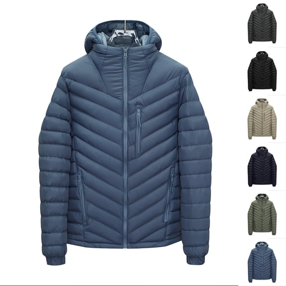 Men’s Lightweight Packable Hooded Jacket – Water Resistant Travel Puffer