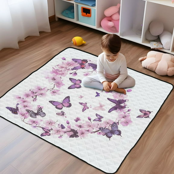 WOBOGO Purple Butterfly Pink Floral Baby Playmats Extra Large Waterproof Rollable Activity Pads for Toddlers 50×50inch