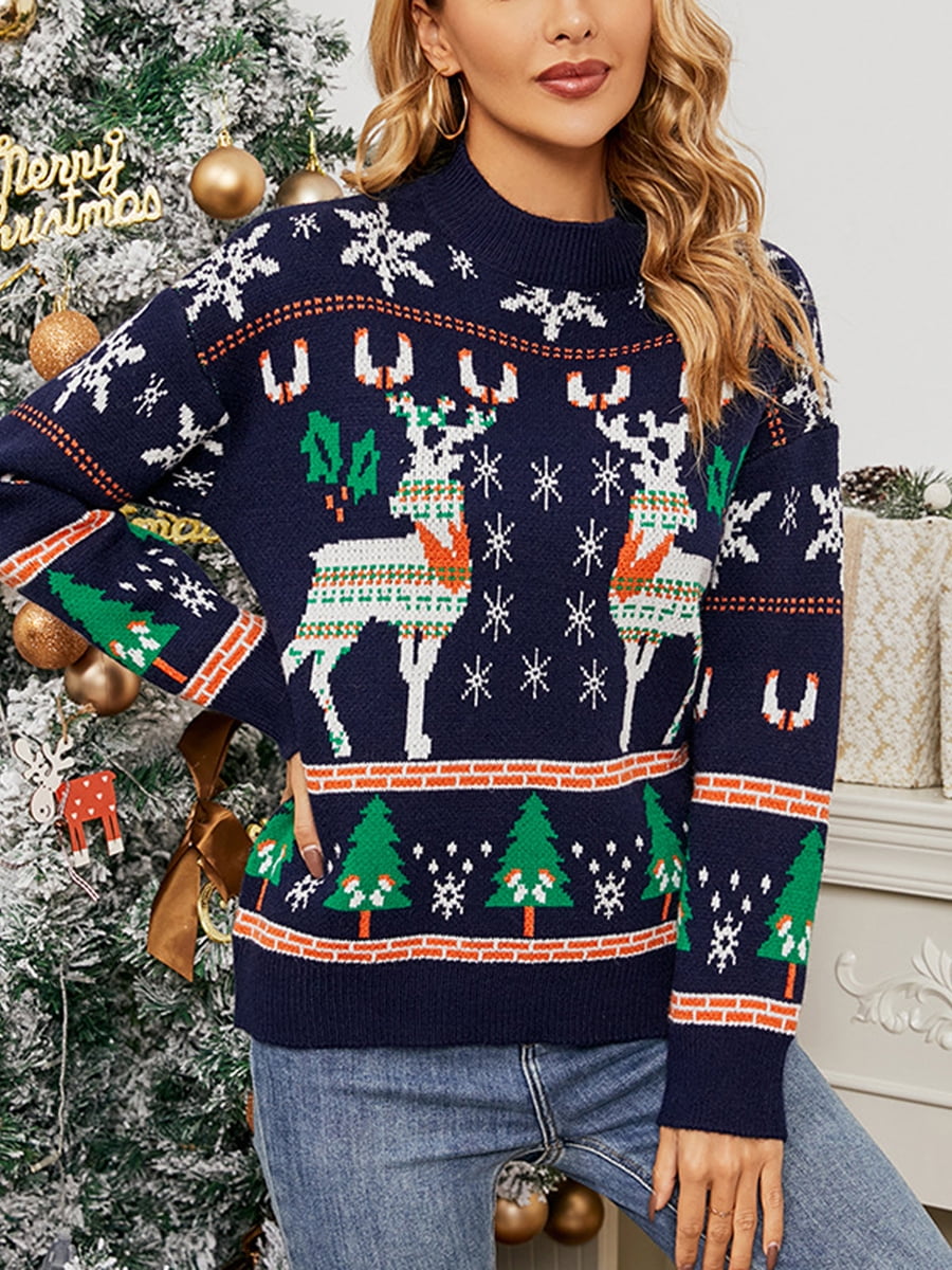 Ugly Christmas Sweater for Women Elk Snowflake Print Long Sleeve Crew Neck  Knitted Xmas Sweaters Pullover Jumper Tops 